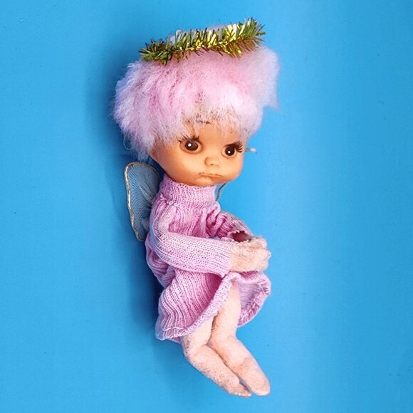 Vintage Pink Hair Pixie Angel Ornament Knee Hugger Tulle Wings Gold Japan 1960s - Picture 8 of 12